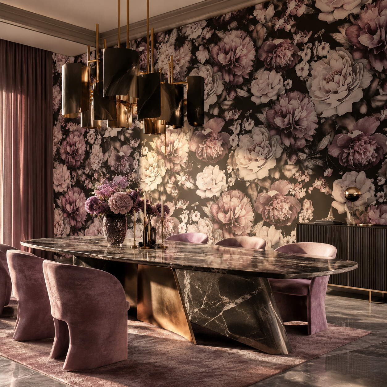 Siyah Zeminli Pembe Şakayık Çiçekli Salon Duvar Kağıdı