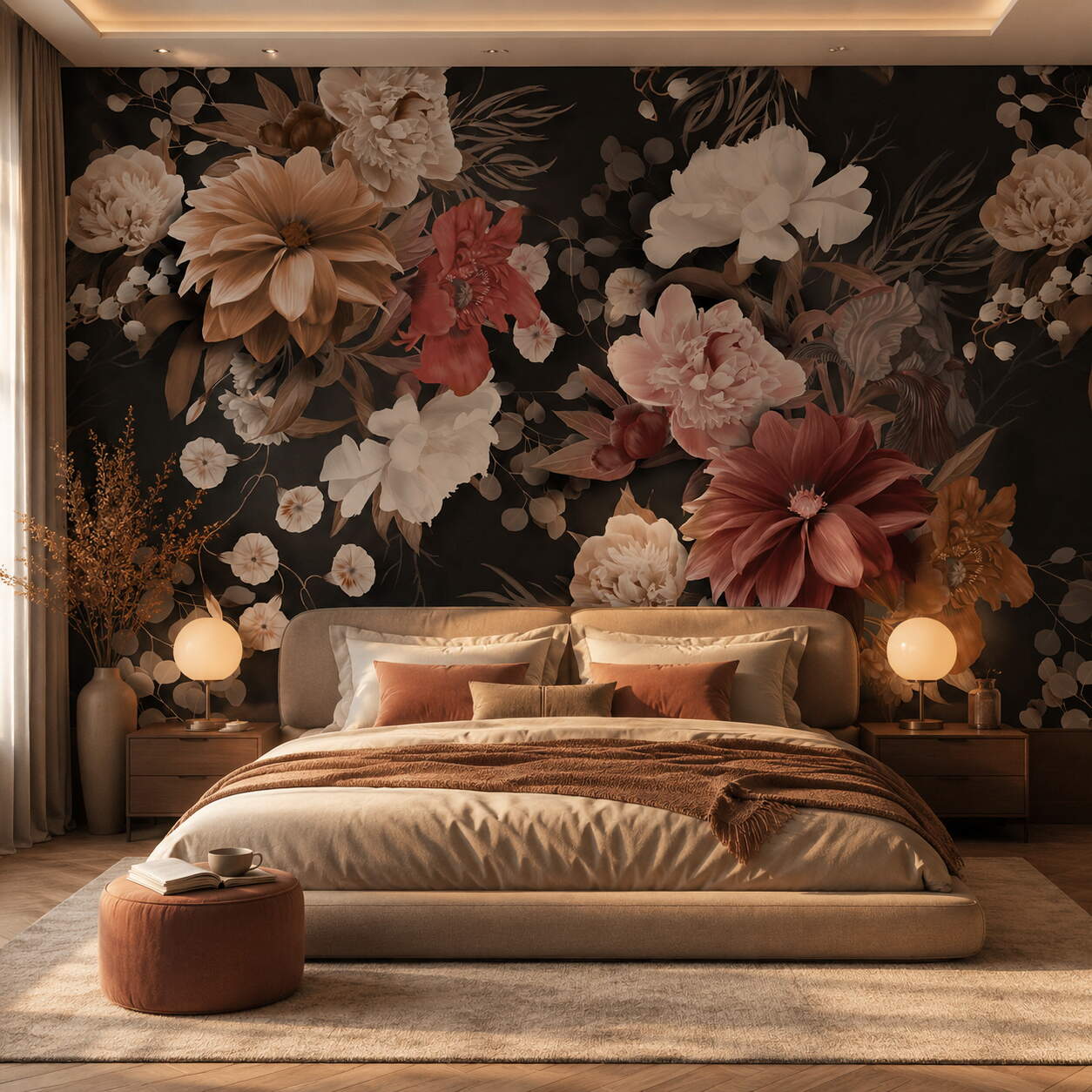 Siyah Zeminli Pembe Terracotta Çiçekli Salon Duvar Kağıdı