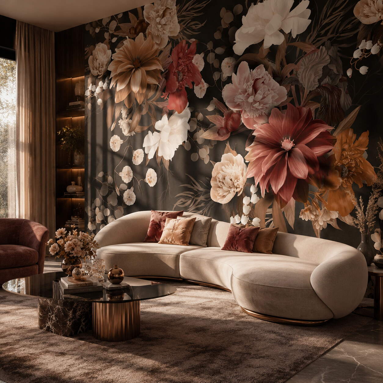 Siyah Zeminli Pembe Terracotta Çiçekli Salon Duvar Kağıdı