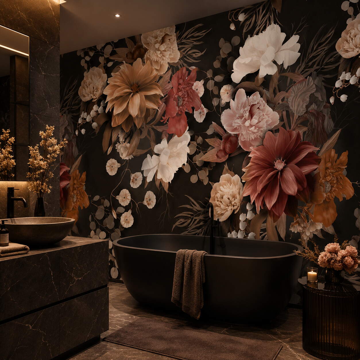 Siyah Zeminli Pembe Terracotta Çiçekli Salon Duvar Kağıdı