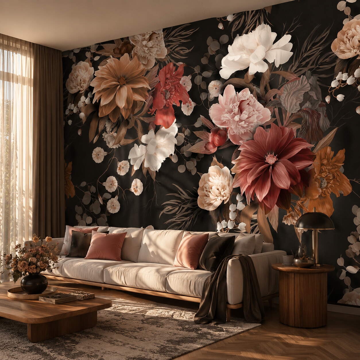 Siyah Zeminli Pembe Terracotta Çiçekli Salon Duvar Kağıdı