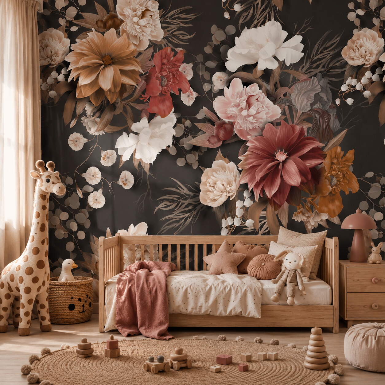 Siyah Zeminli Pembe Terracotta Çiçekli Salon Duvar Kağıdı