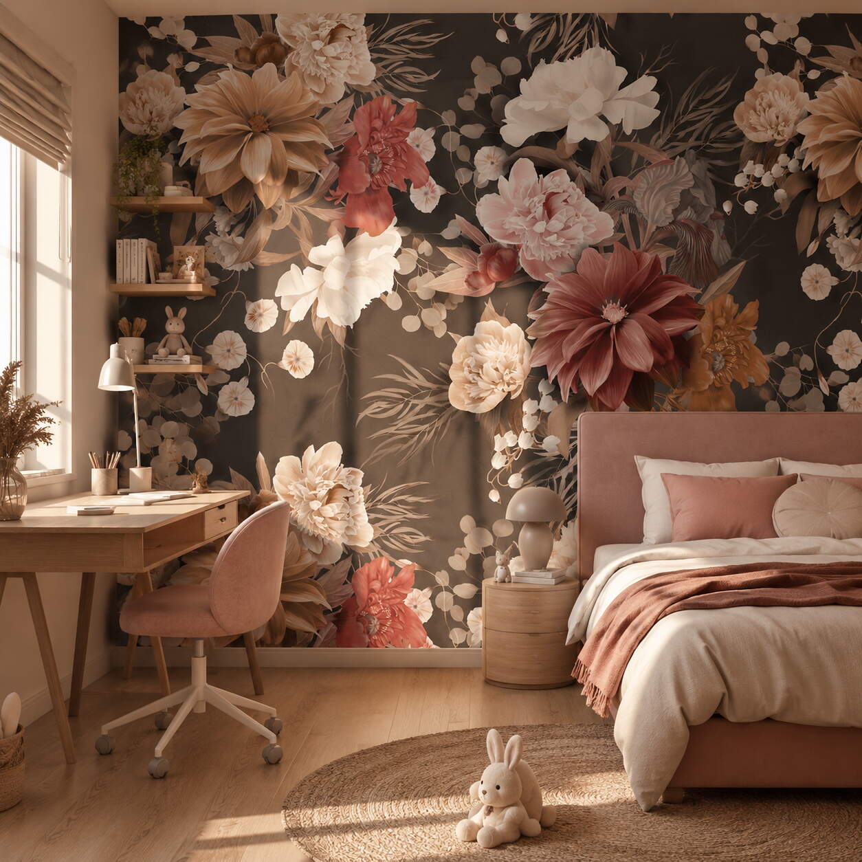 Siyah Zeminli Pembe Terracotta Çiçekli Salon Duvar Kağıdı