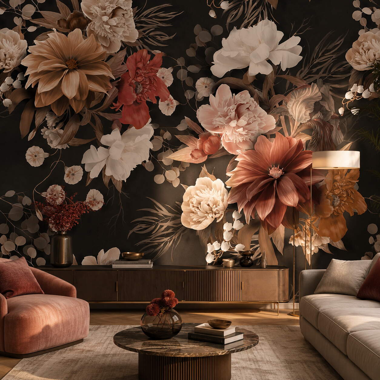 Siyah Zeminli Pembe Terracotta Çiçekli Salon Duvar Kağıdı