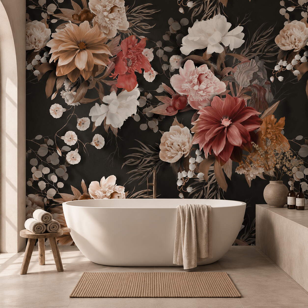 Siyah Zeminli Pembe Terracotta Çiçekli Salon Duvar Kağıdı