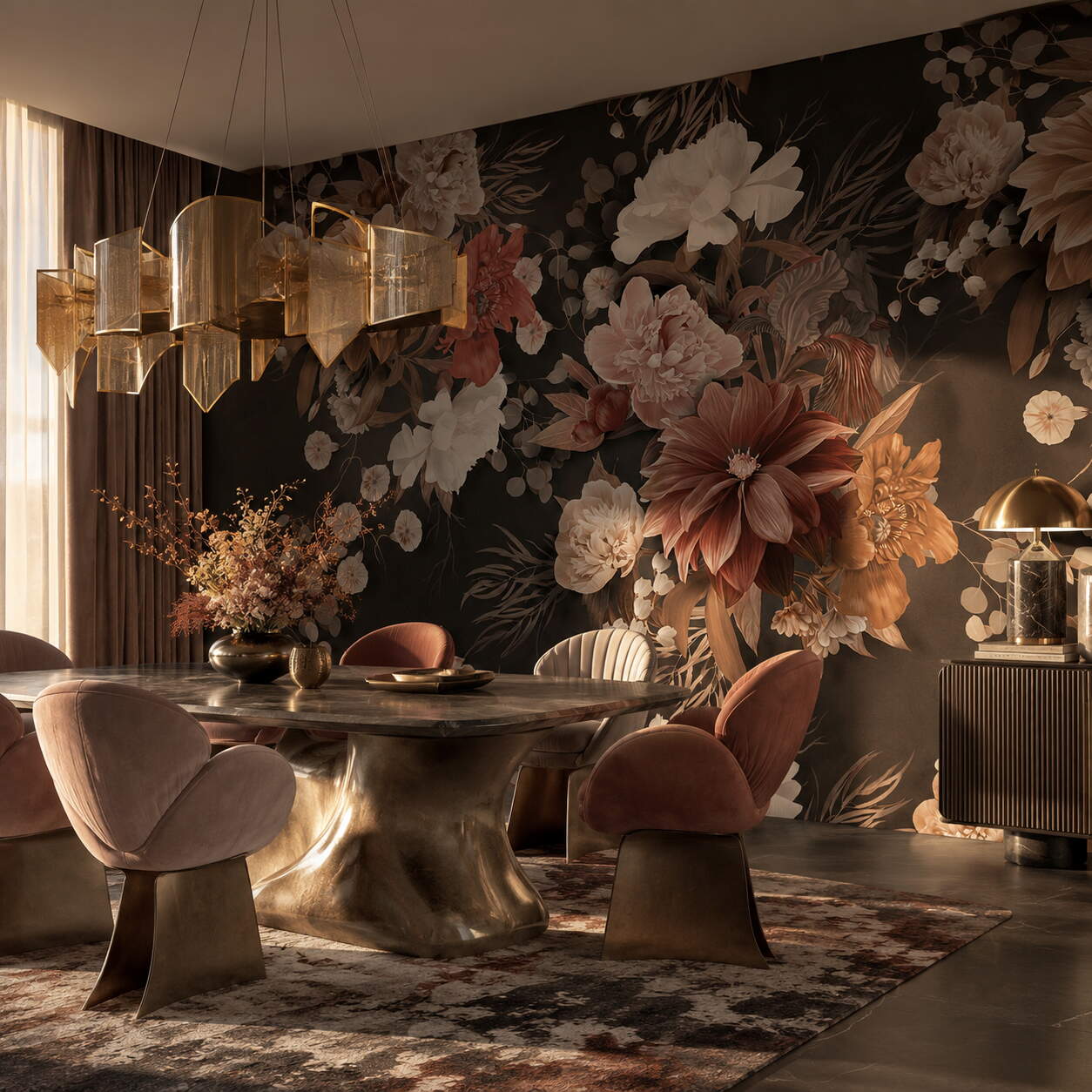 Siyah Zeminli Pembe Terracotta Çiçekli Salon Duvar Kağıdı
