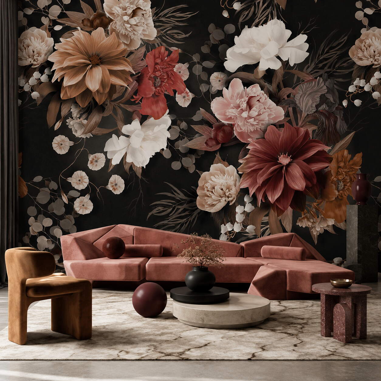 Siyah Zeminli Pembe Terracotta Çiçekli Salon Duvar Kağıdı
