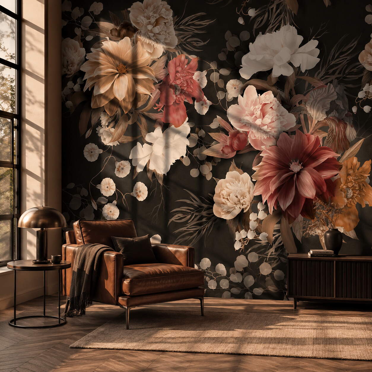 Siyah Zeminli Pembe Terracotta Çiçekli Salon Duvar Kağıdı