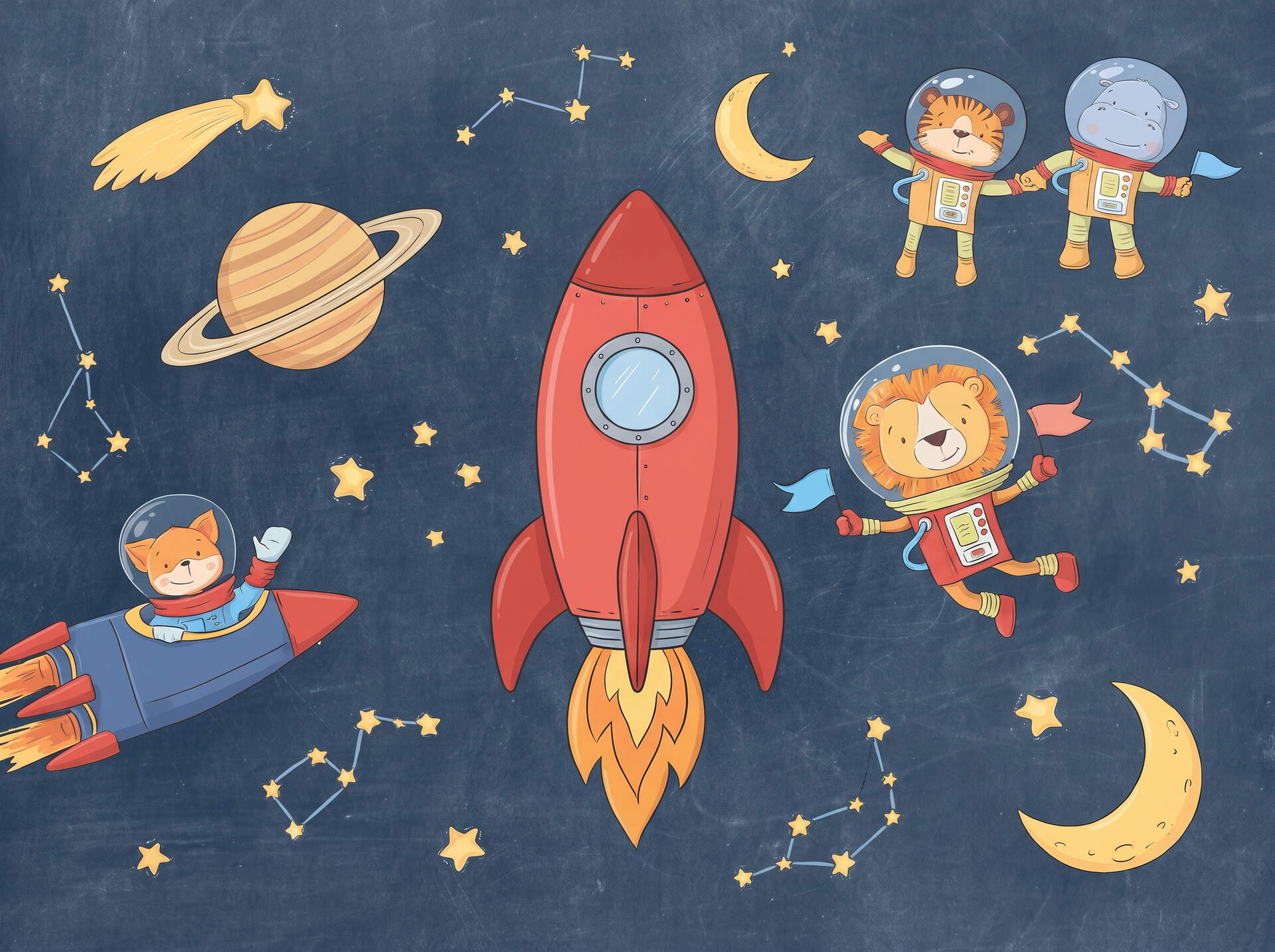 Uzay Macerası Ve Astronot Hayvanlar Temalı Çocuk Odası Duvar Kağıdı