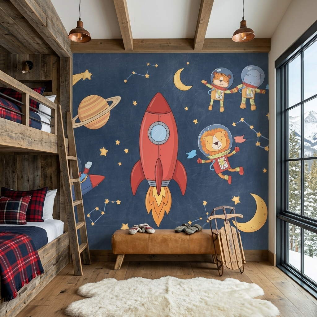 Uzay Macerası Ve Astronot Hayvanlar Temalı Çocuk Odası Duvar Kağıdı