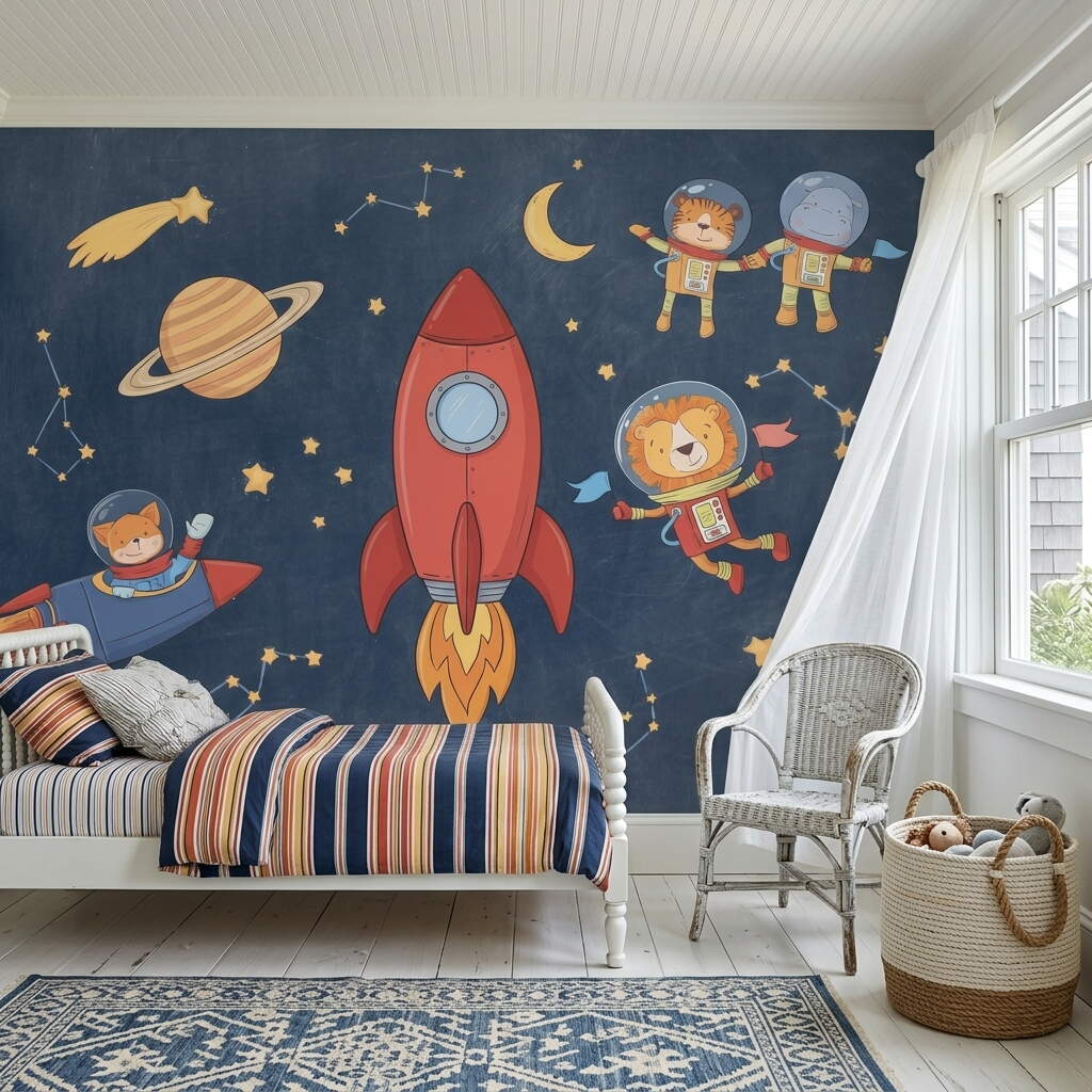 Uzay Macerası Ve Astronot Hayvanlar Temalı Çocuk Odası Duvar Kağıdı