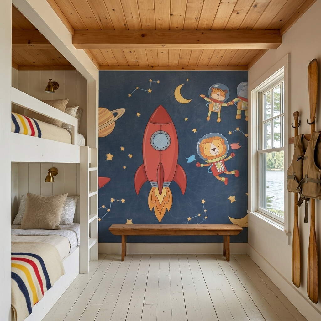 Uzay Macerası Ve Astronot Hayvanlar Temalı Çocuk Odası Duvar Kağıdı