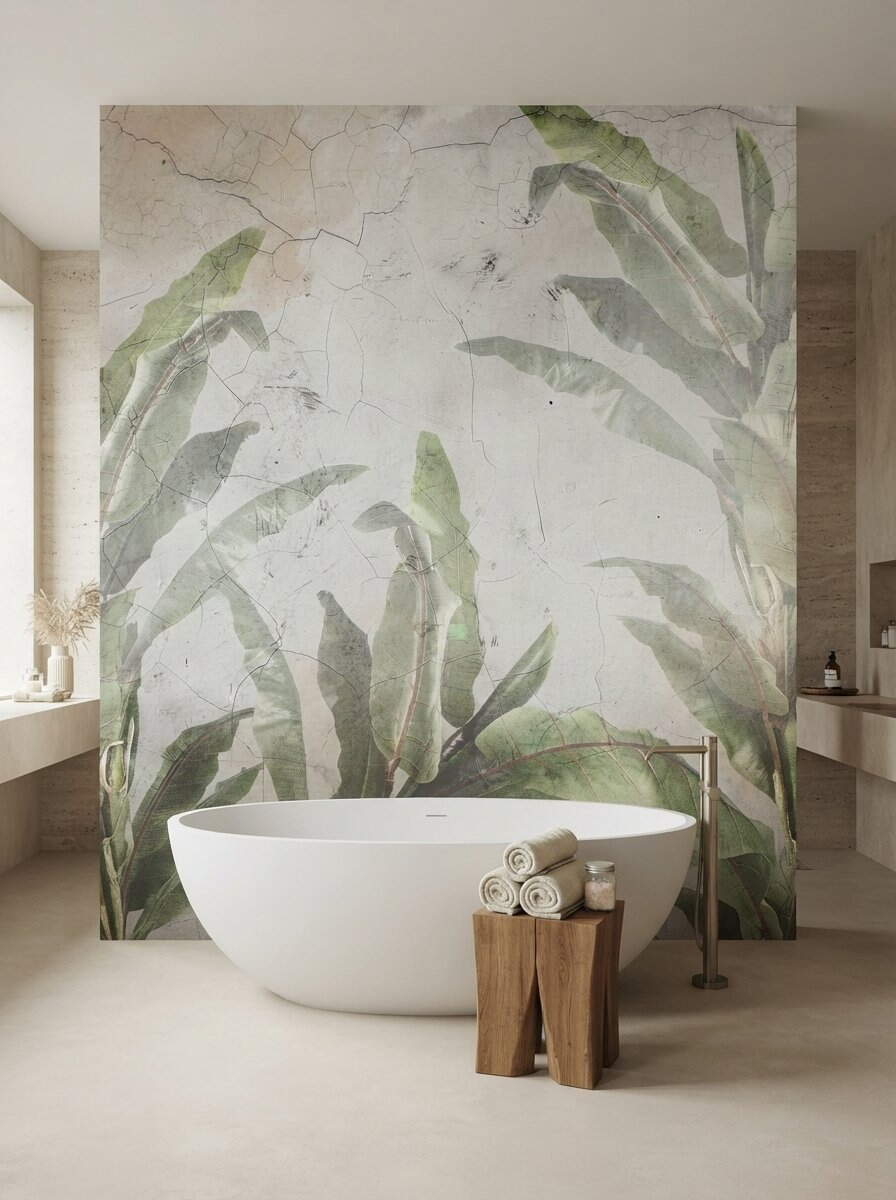 Vintage Cracked Plaster Concrete Banana Leaf Wallpaper Sage Green Rustic Mural Peel Stick
