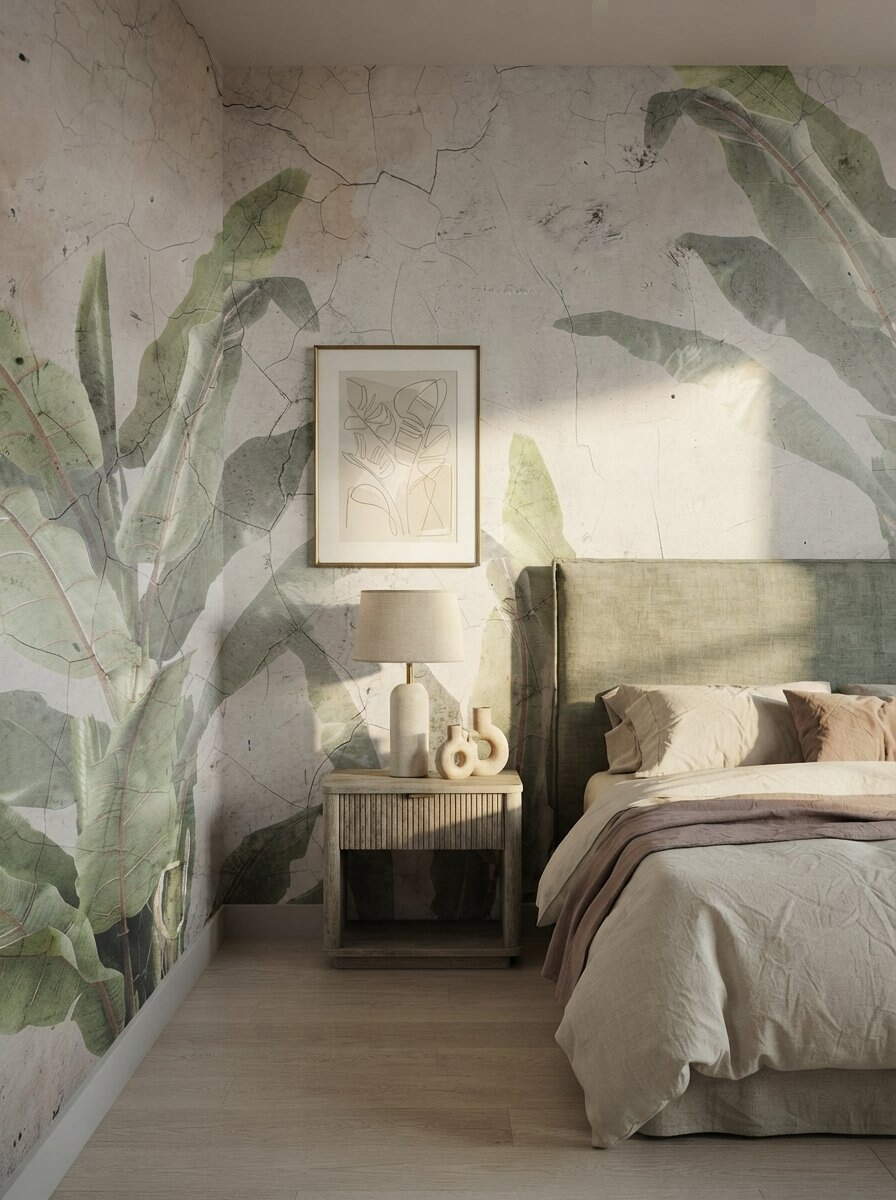 Vintage Cracked Plaster Concrete Banana Leaf Wallpaper Sage Green Rustic Mural Peel Stick