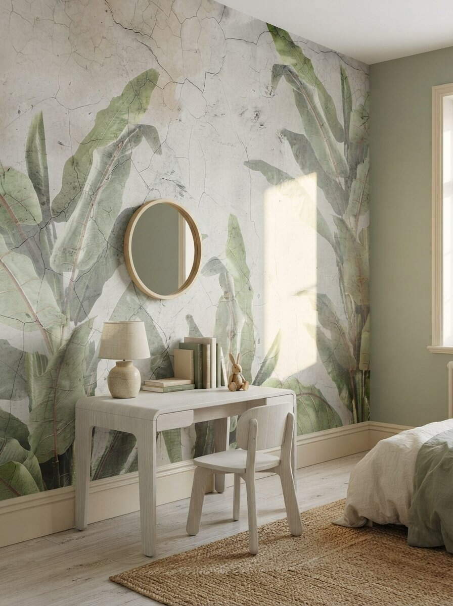 Vintage Cracked Plaster Concrete Banana Leaf Wallpaper Sage Green Rustic Mural Peel Stick
