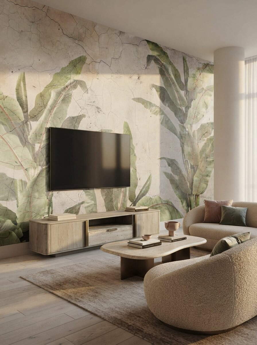 Vintage Cracked Plaster Concrete Banana Leaf Wallpaper Sage Green Rustic Mural Peel Stick