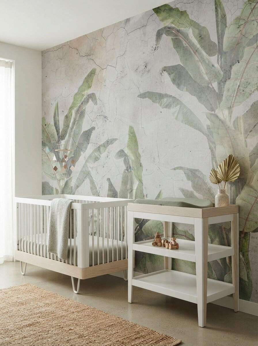 Vintage Cracked Plaster Concrete Banana Leaf Wallpaper Sage Green Rustic Mural Peel Stick