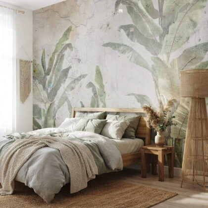 Vintage Cracked Plaster Concrete Banana Leaf Wallpaper Sage Green Rustic Mural Peel Stick