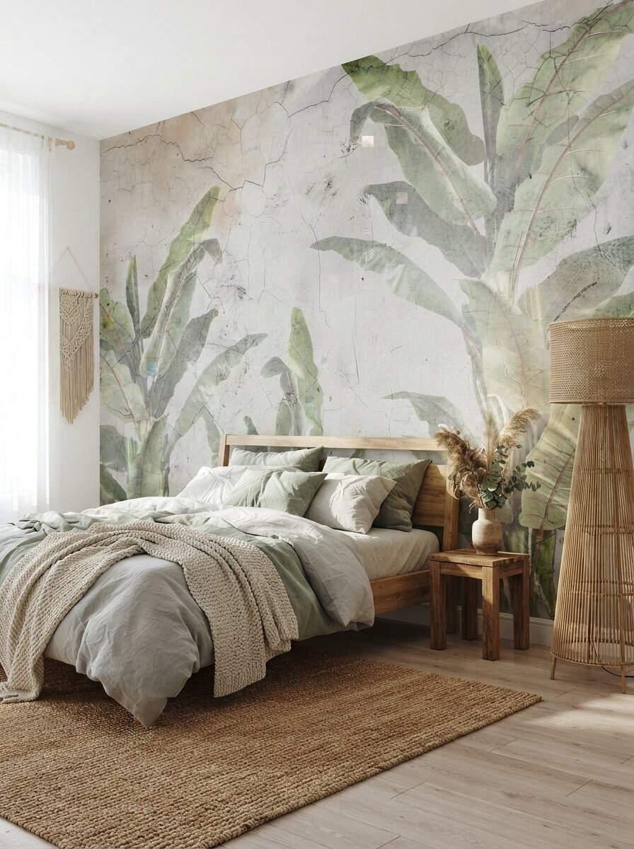 Vintage Cracked Plaster Concrete Banana Leaf Wallpaper Sage Green Rustic Mural Peel Stick