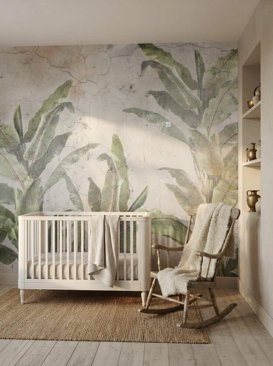 Vintage Cracked Plaster Concrete Banana Leaf Wallpaper Sage Green Rustic Mural Peel Stick