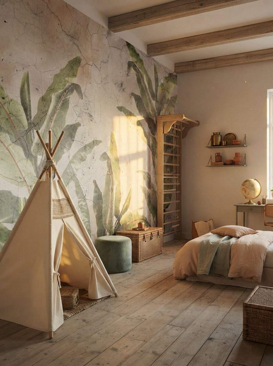 Vintage Cracked Plaster Concrete Banana Leaf Wallpaper Sage Green Rustic Mural Peel Stick