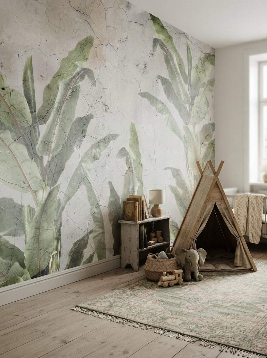 Vintage Cracked Plaster Concrete Banana Leaf Wallpaper Sage Green Rustic Mural Peel Stick