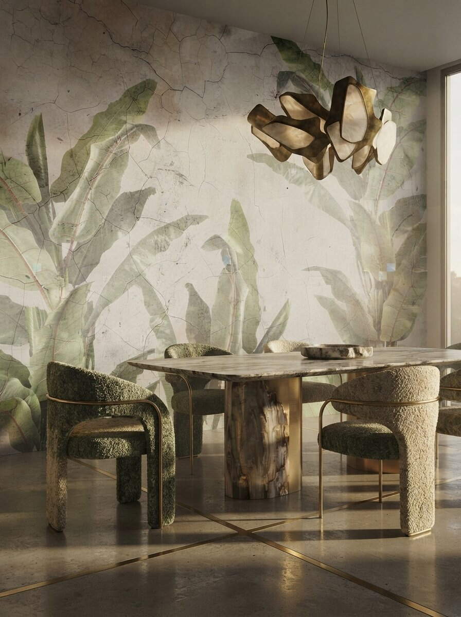 Vintage Cracked Plaster Concrete Banana Leaf Wallpaper Sage Green Rustic Mural Peel Stick