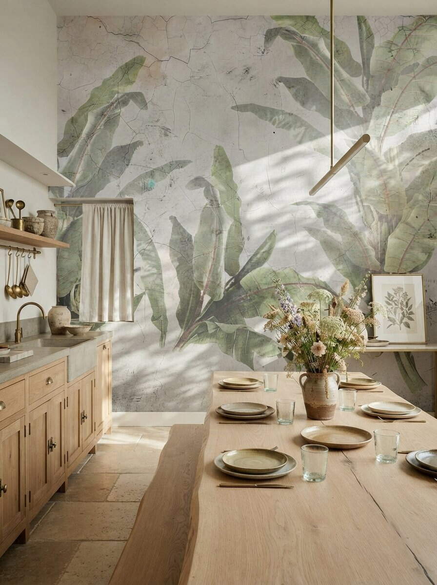Vintage Cracked Plaster Concrete Banana Leaf Wallpaper Sage Green Rustic Mural Peel Stick