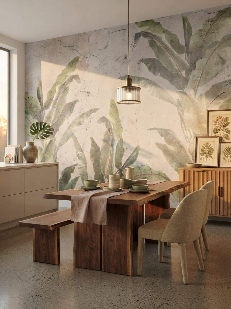 Vintage Cracked Plaster Concrete Banana Leaf Wallpaper Sage Green Rustic Mural Peel Stick