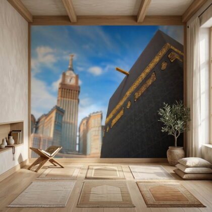Yakın Çekim Kabe Örtüsü Altınoluk Ve Mekke Saat Kulesi Temalı Duvar Kağıdı