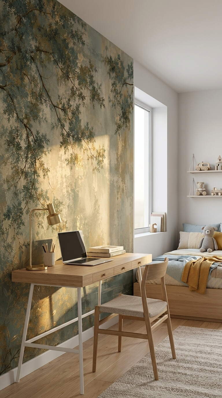 Yeşil Altın Yapraklı Sisli Orman Salon Duvar Kağıdı