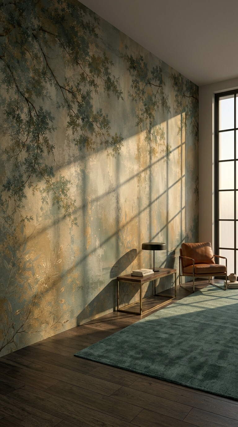 Yeşil Altın Yapraklı Sisli Orman Salon Duvar Kağıdı