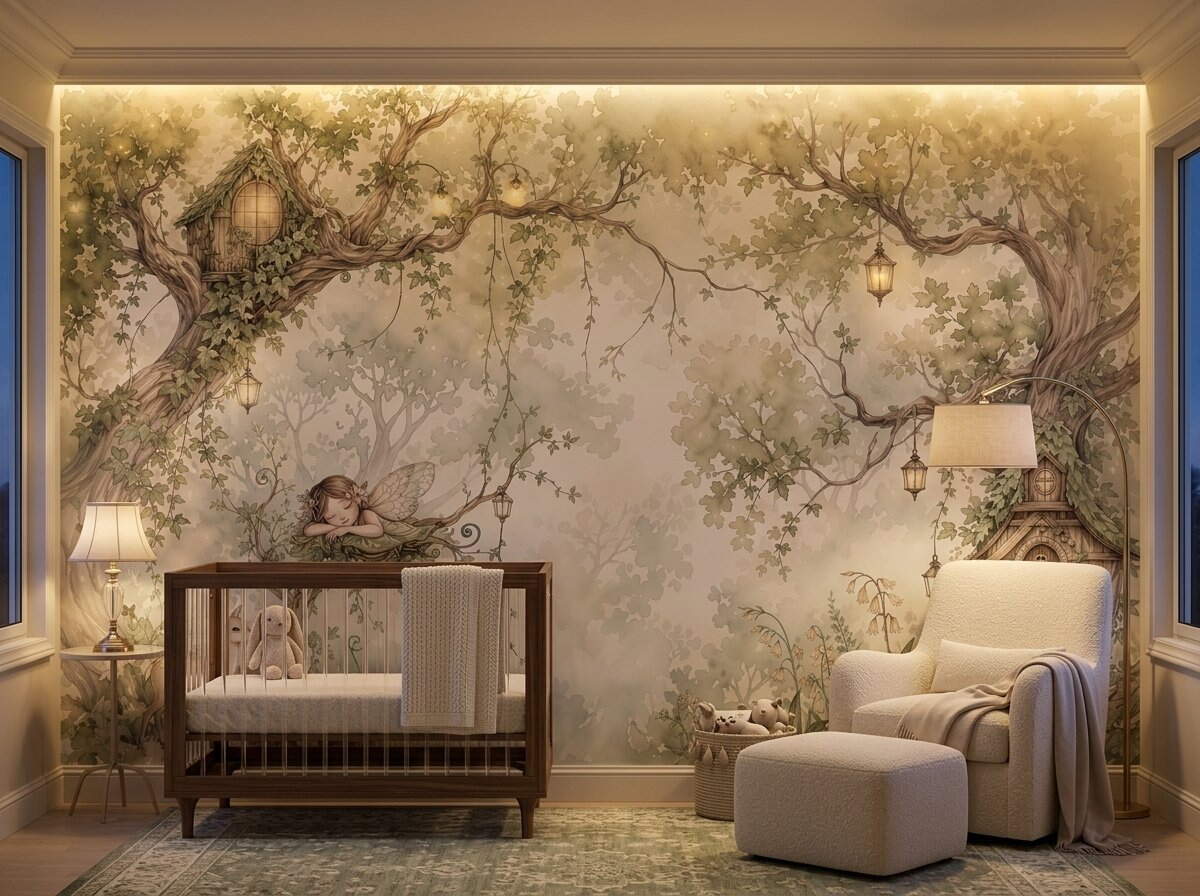 Yeşil Peri Ağacı Evi Uyuyan Peri Çocuk Odası Duvar Kağıdı