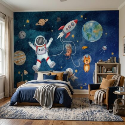 Astronot Roket ve Uzay Hayvanları Çocuk Odası Duvar Kağıdı