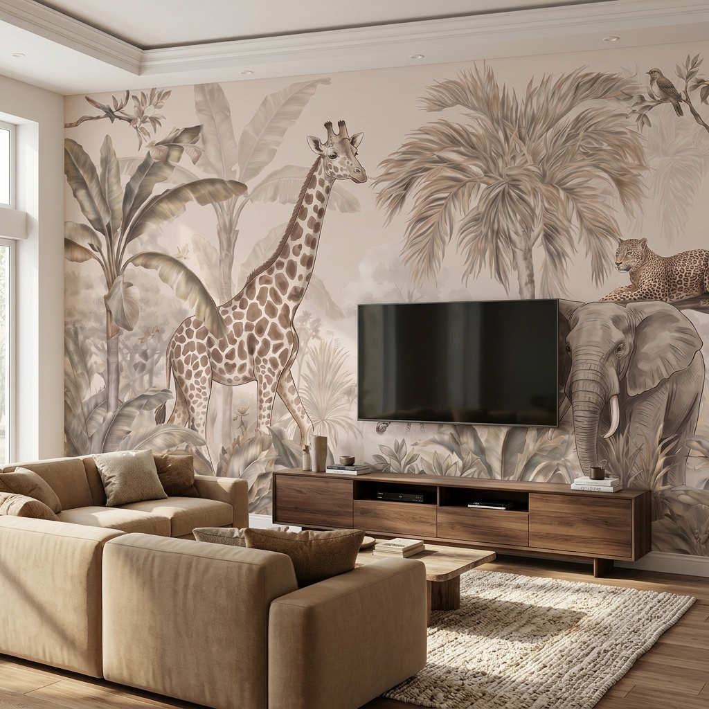 Bej Tonlarda Zürafa Fil Zebra Leopar Safari Duvar Kağıdı - görsel 2