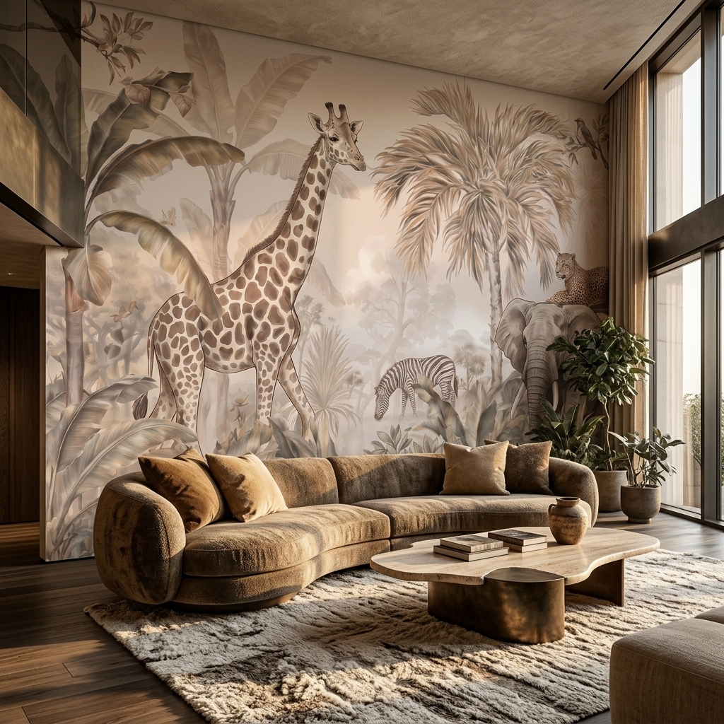 Bej Tonlarda Zürafa Fil Zebra Leopar Safari Duvar Kağıdı - görsel 13