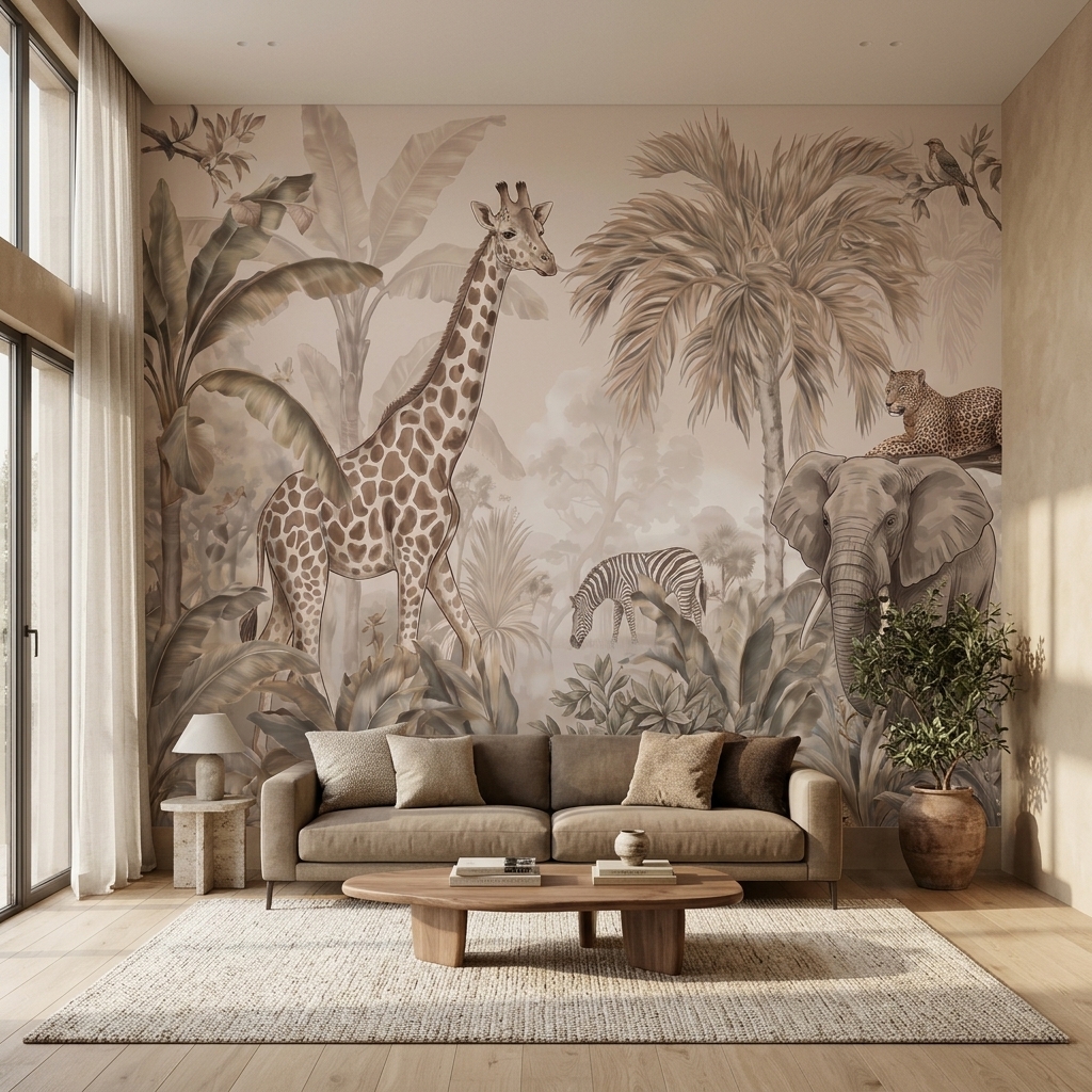 Bej Tonlarda Zürafa Fil Zebra Leopar Safari Duvar Kağıdı - görsel 15