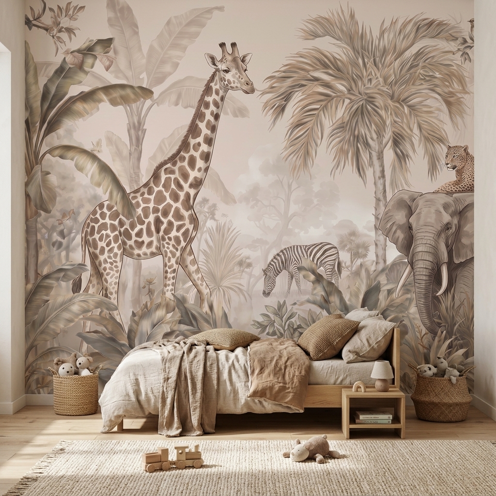 Bej Tonlarda Zürafa Fil Zebra Leopar Safari Duvar Kağıdı - görsel 18