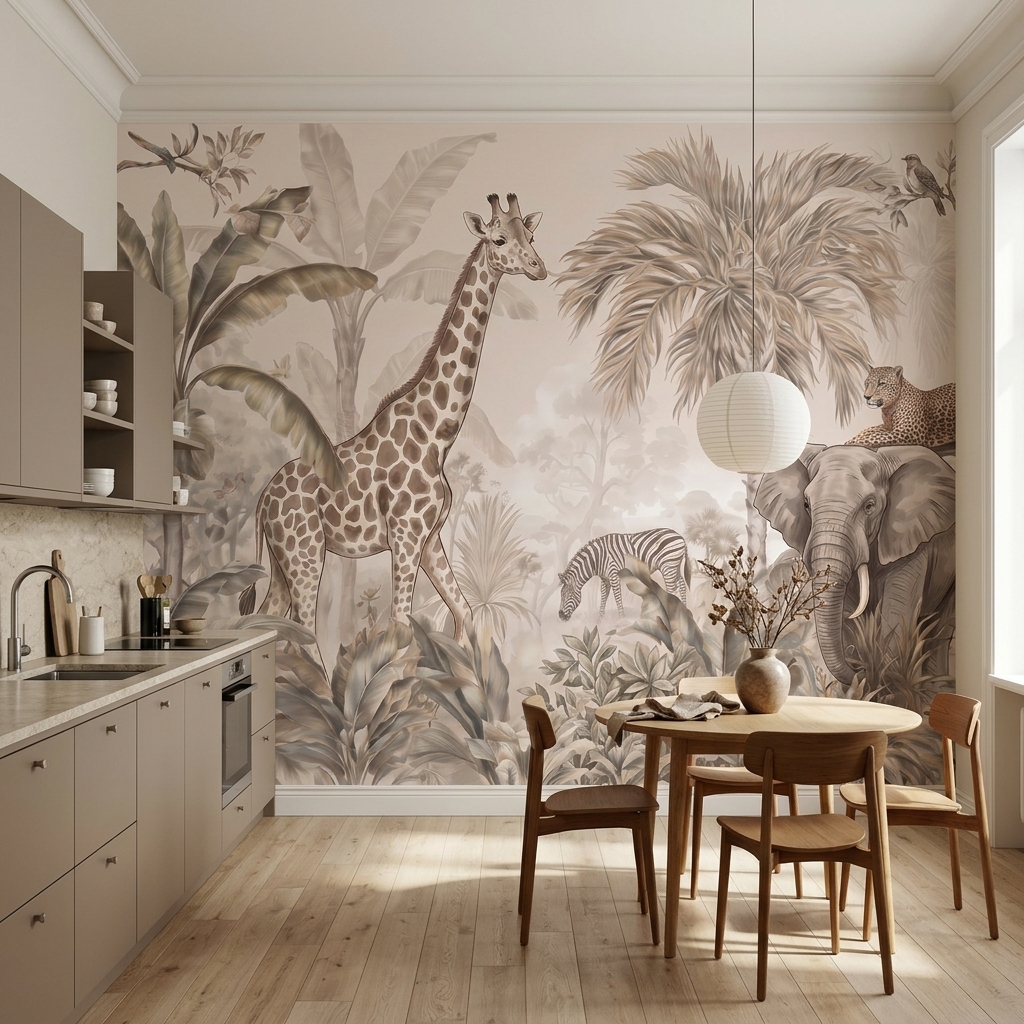 Bej Tonlarda Zürafa Fil Zebra Leopar Safari Duvar Kağıdı - görsel 8