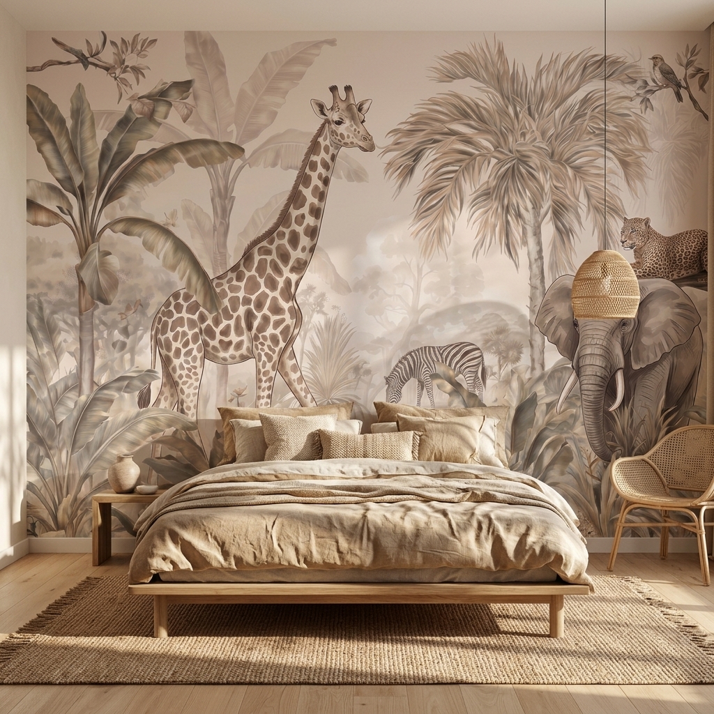 Bej Tonlarda Zürafa Fil Zebra Leopar Safari Duvar Kağıdı - görsel 9