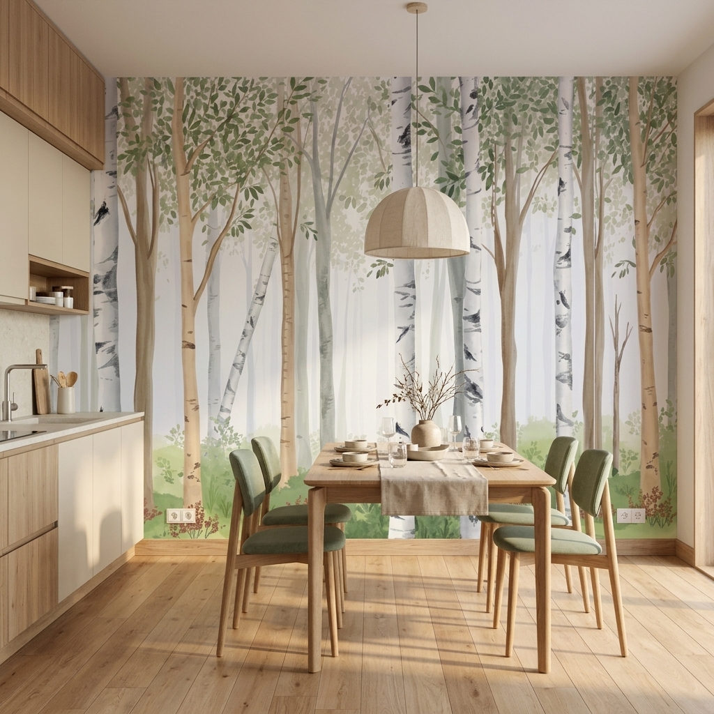 Beyaz Huş Ağaçları Yeşil Orman Manzaralı Duvar Kağıdı - görsel 10