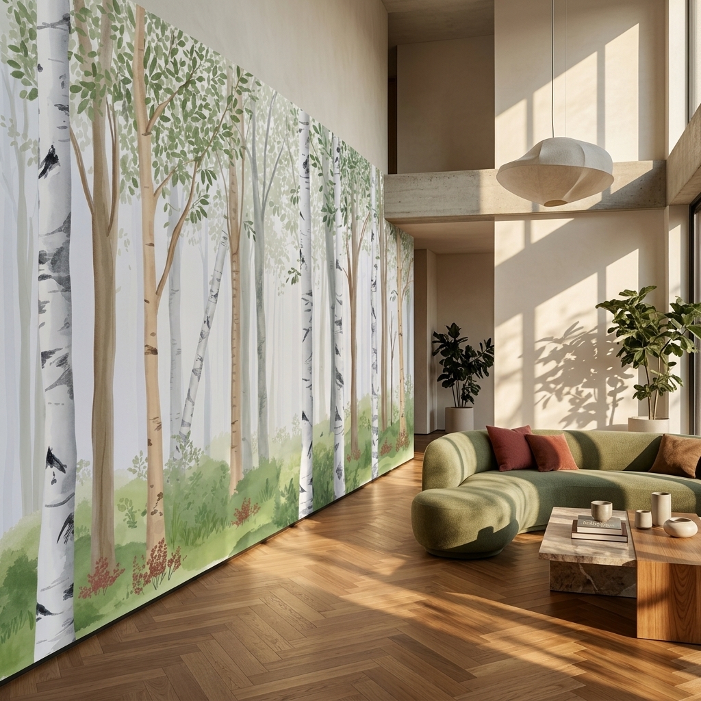 Beyaz Huş Ağaçları Yeşil Orman Manzaralı Duvar Kağıdı - görsel 6