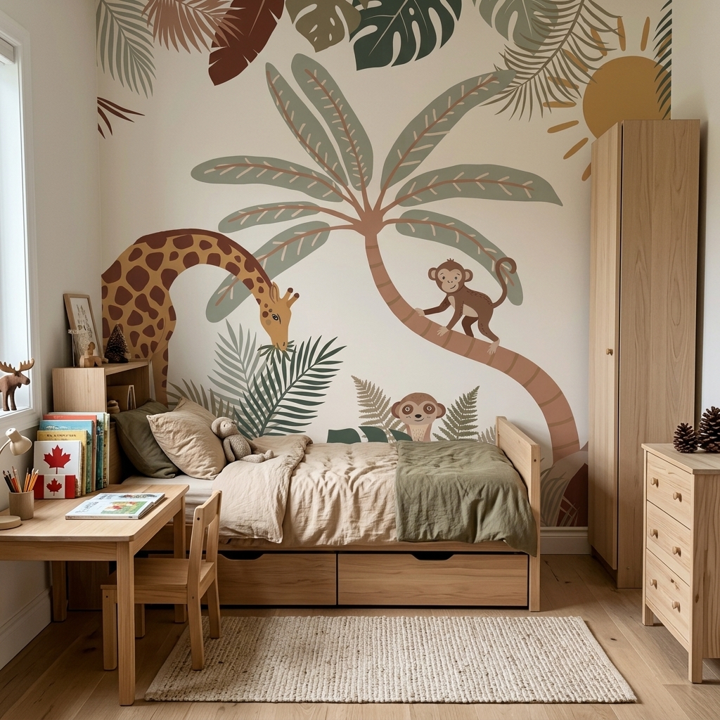 Boho Safari Zürafa Maymun Leopar Palmiye Çocuk Duvar Kağıdı - görsel 2