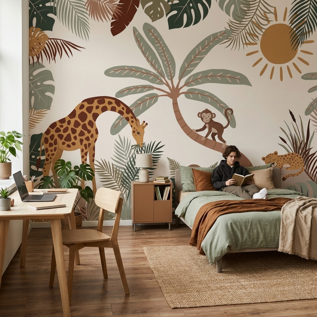 Boho Safari Zürafa Maymun Leopar Palmiye Çocuk Duvar Kağıdı - görsel 11