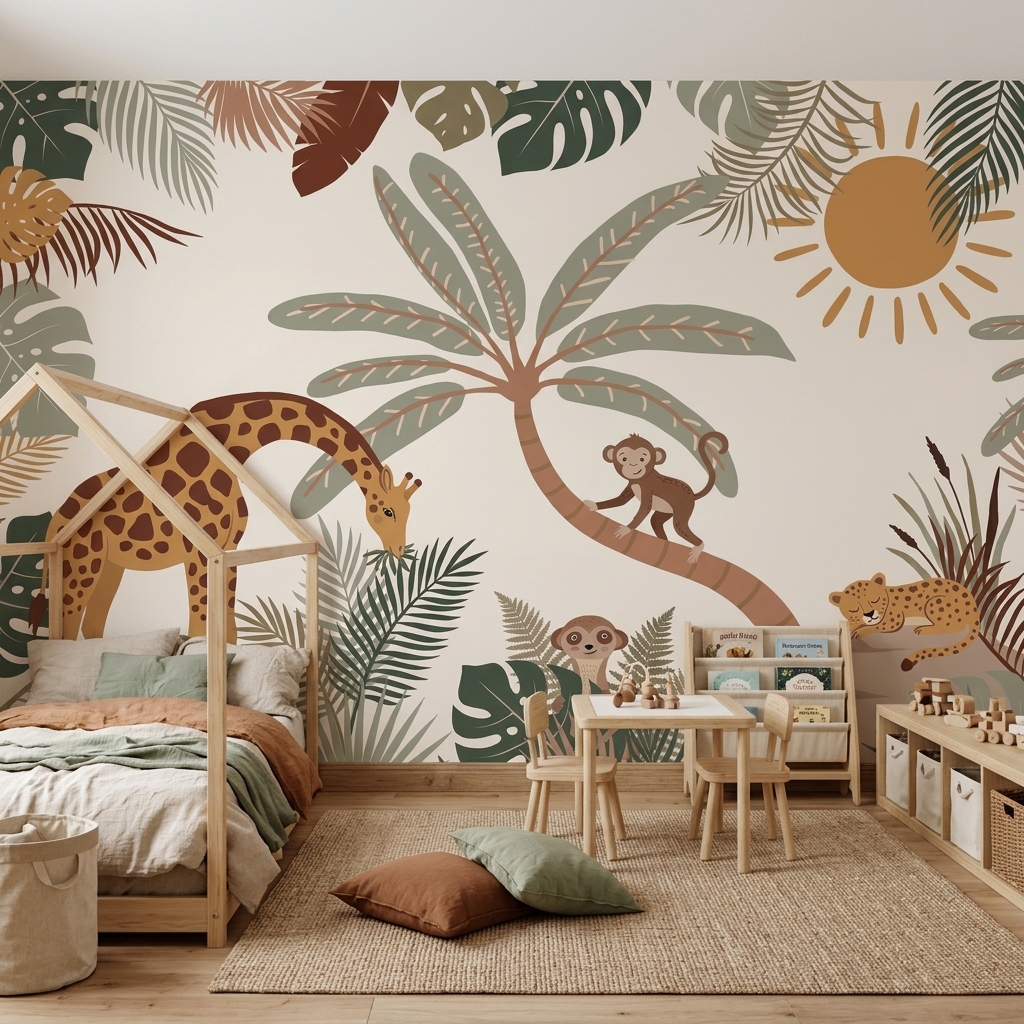 Boho Safari Zürafa Maymun Leopar Palmiye Çocuk Duvar Kağıdı - görsel 12