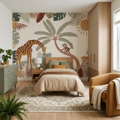 Boho Safari Zürafa Maymun Leopar Palmiye Çocuk Duvar Kağıdı