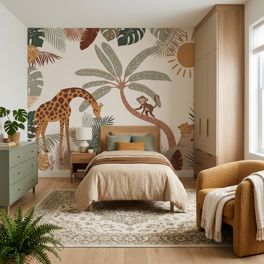 Boho Safari Zürafa Maymun Leopar Palmiye Çocuk Duvar Kağıdı