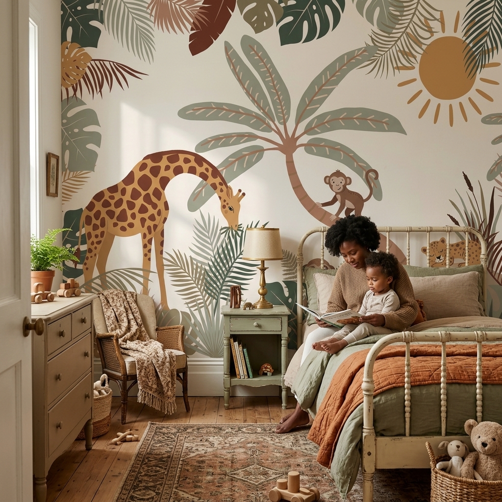 Boho Safari Zürafa Maymun Leopar Palmiye Çocuk Duvar Kağıdı - görsel 13