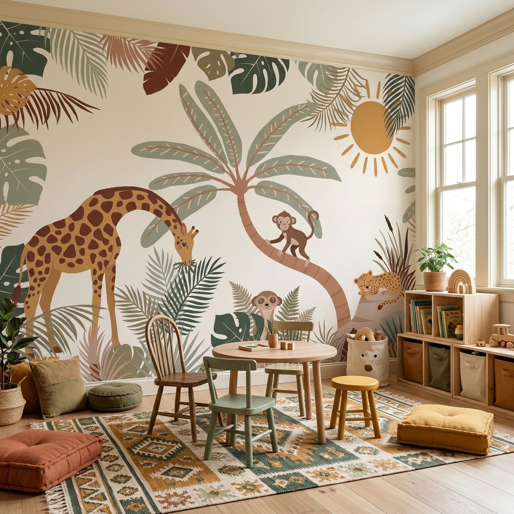Boho Safari Zürafa Maymun Leopar Palmiye Çocuk Duvar Kağıdı - görsel 14