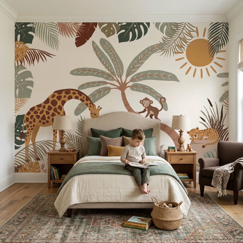 Boho Safari Zürafa Maymun Leopar Palmiye Çocuk Duvar Kağıdı - görsel 15